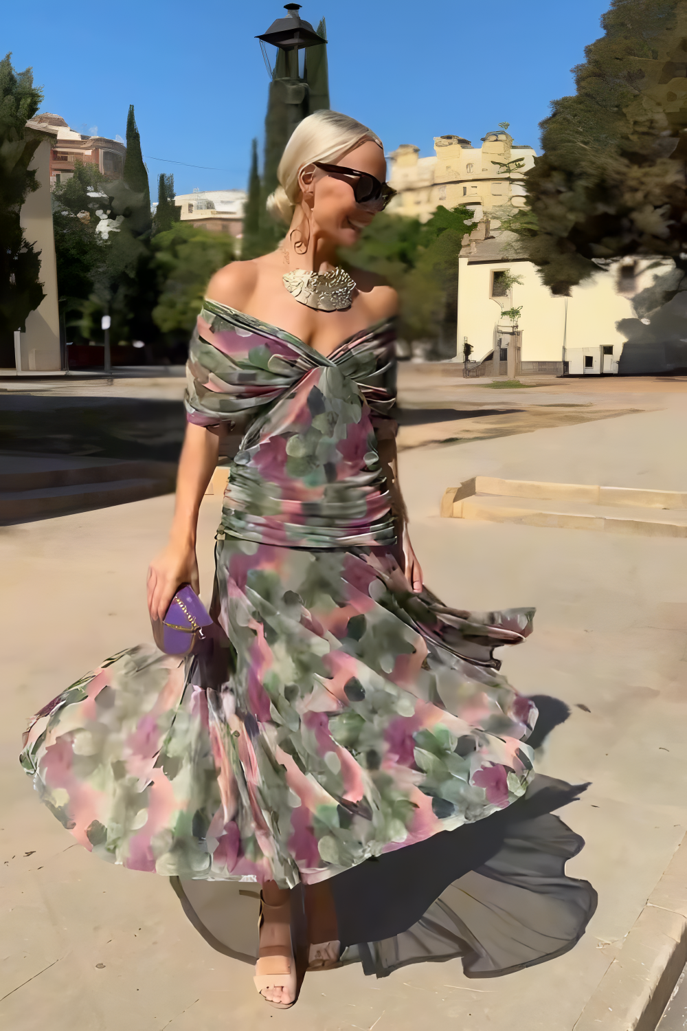 Elegant V-neck Fantasy Painted Floral Print Party Maxi Dress